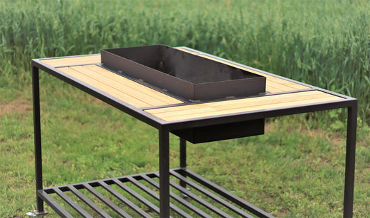 Steel garden grill table with a lower storage shelf