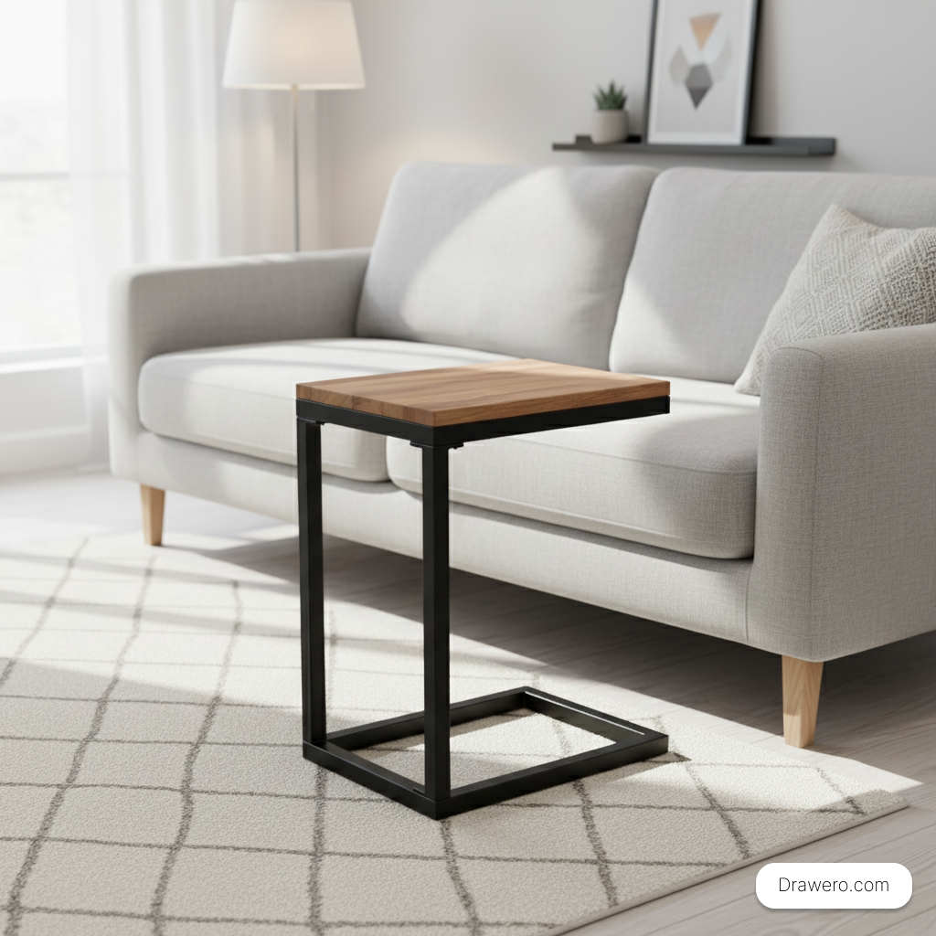 Steel C-shaped couch side table with a wooden top