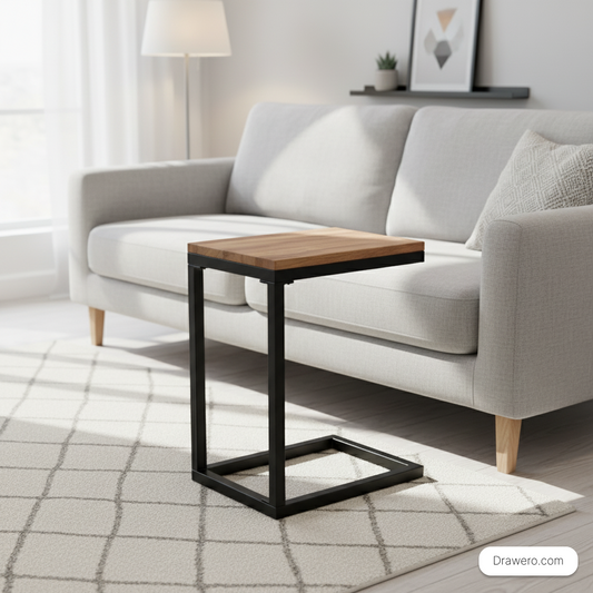 Steel C-shaped couch side table with a wooden top