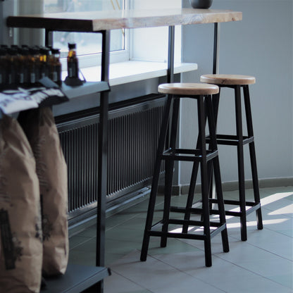 Modern bar stool with a round wooden top, side view