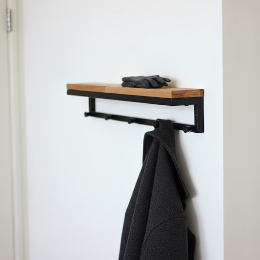 Wall-mounted entryway shelf with coat hooks in hardwood and steel