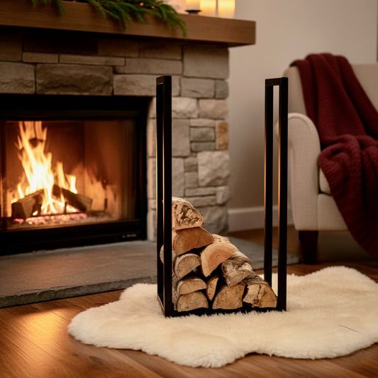 Fireplace with a fire and a log holder on a white rug in a cozy living room.