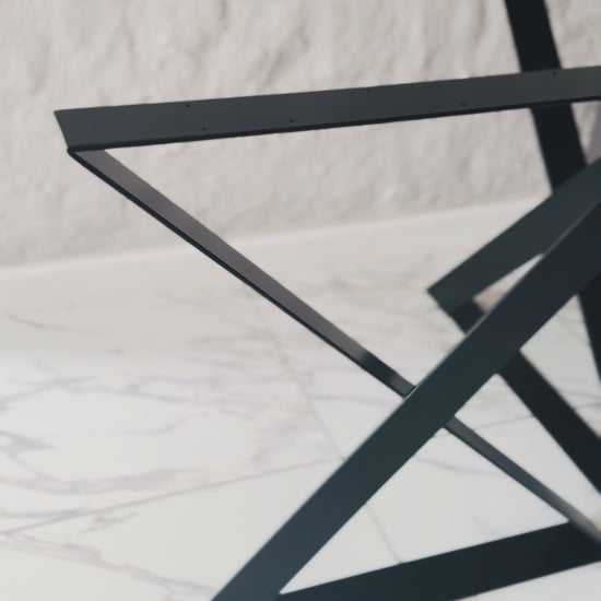 X style table legs on tiled white floor